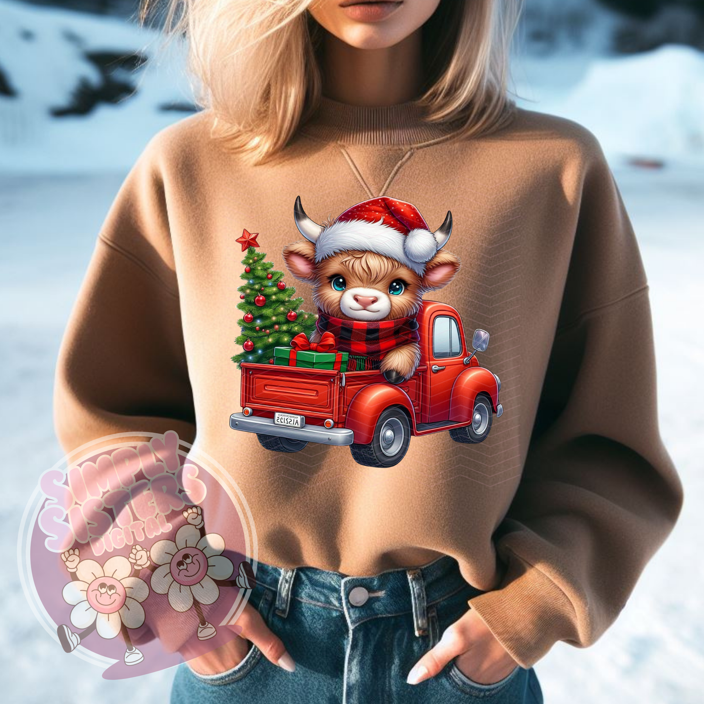 HIGHLAND COW CHRISTMAS TRUCK PNG