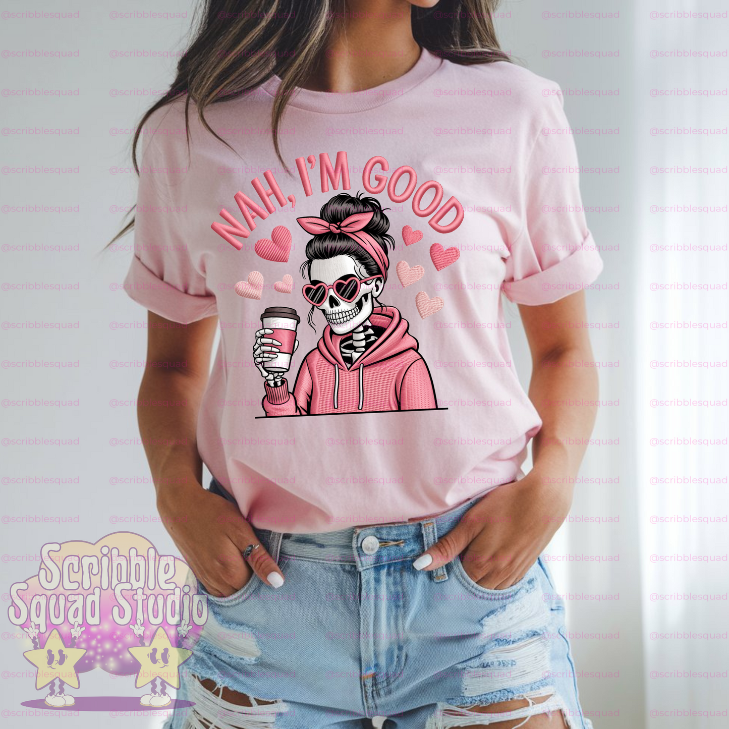NAH I’M GOOD PINK EMBROIDERED SKELETON