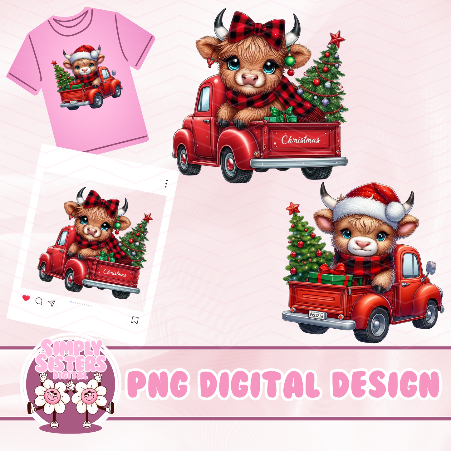HIGHLAND COW CHRISTMAS TRUCK PNG