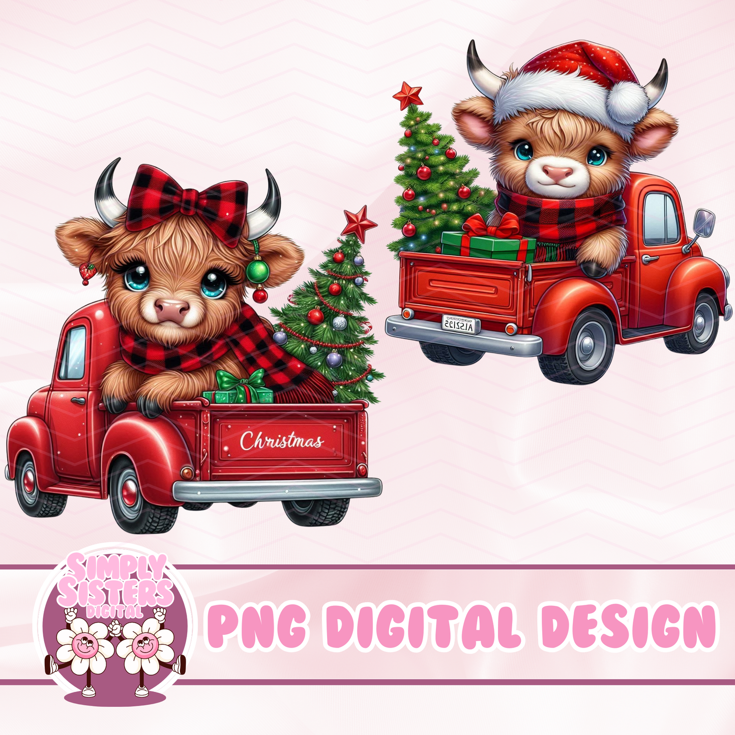 HIGHLAND COW CHRISTMAS TRUCK PNG