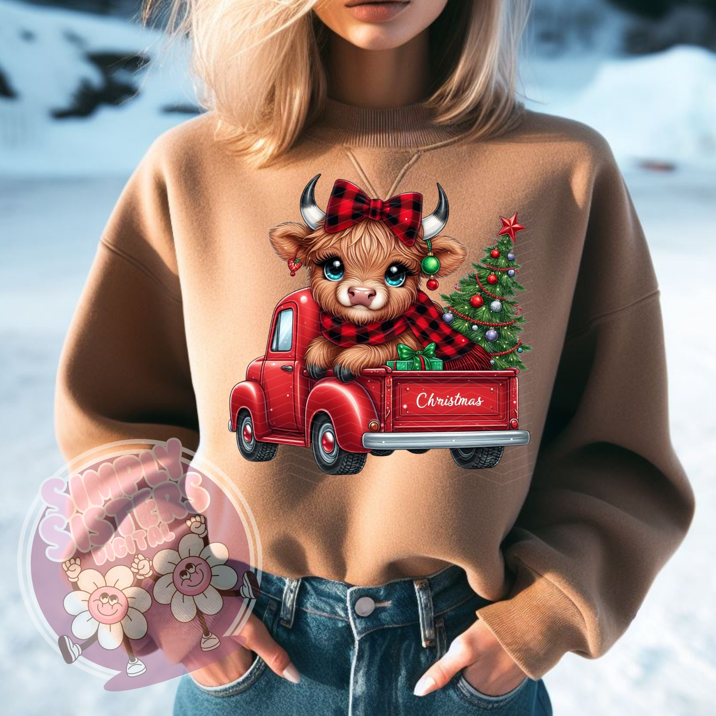 HIGHLAND COW CHRISTMAS TRUCK PNG